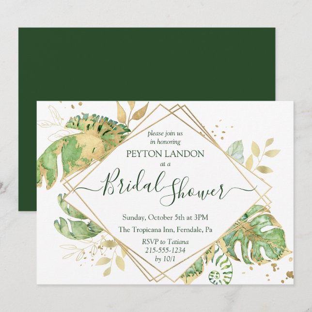 Tropical Foliage & Gold Elegant Bridal Shower Invitation (Front/Back)