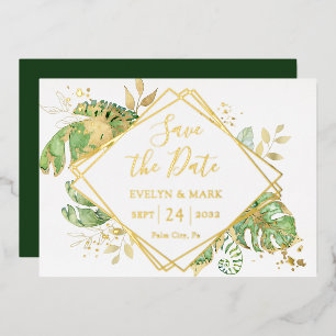 Tropical Foliage Gold Foil Save the Date Invitation