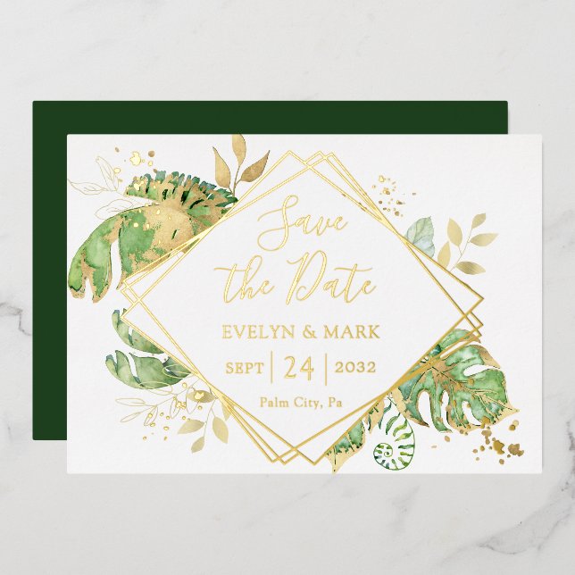 Tropical Foliage Gold Foil Save the Date Invitation (Front/Back)