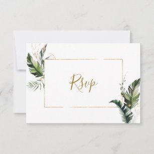 Tropical Foliage Gold Frame Wedding RSVP Card