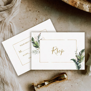 Tropical Foliage Gold Frame Wedding RSVP Card