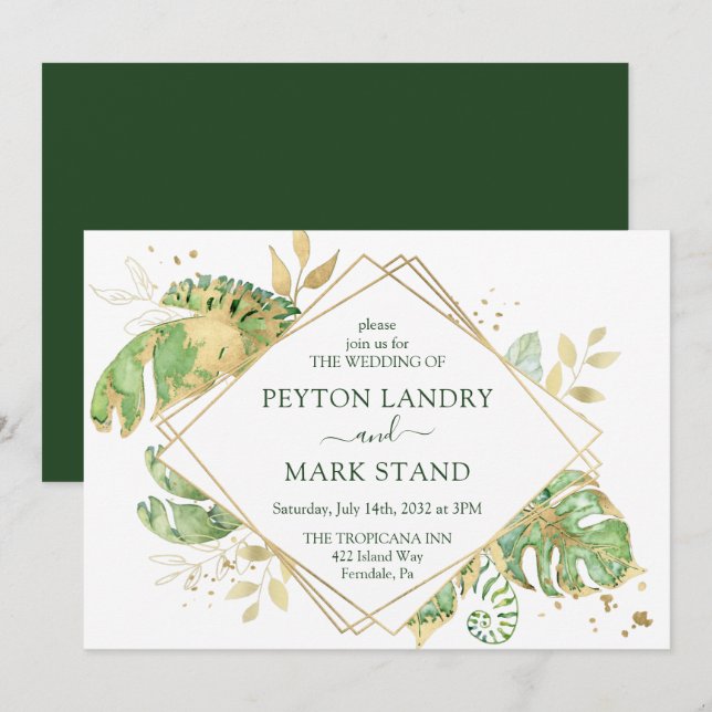 Tropical Foliage & Gold Geometric Frame Wedding Invitation (Front/Back)