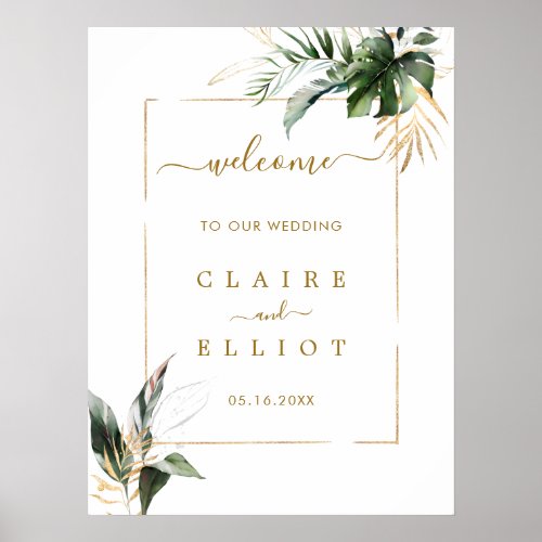 Tropical Foliage Gold & Green Wedding Welcome Sign
