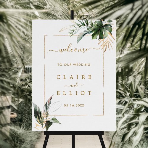 Tropical Foliage Gold  Green Wedding Welcome Sign