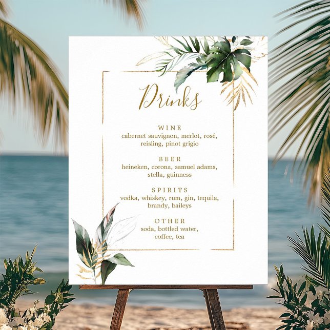 Tropical Foliage Gold Wedding Bar Drinks Menu Sign (Creator Uploaded)