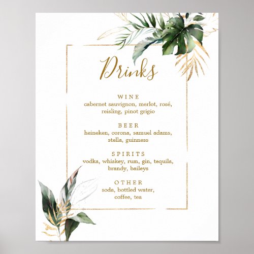 Tropical Foliage Gold Wedding Bar Drinks Menu Sign