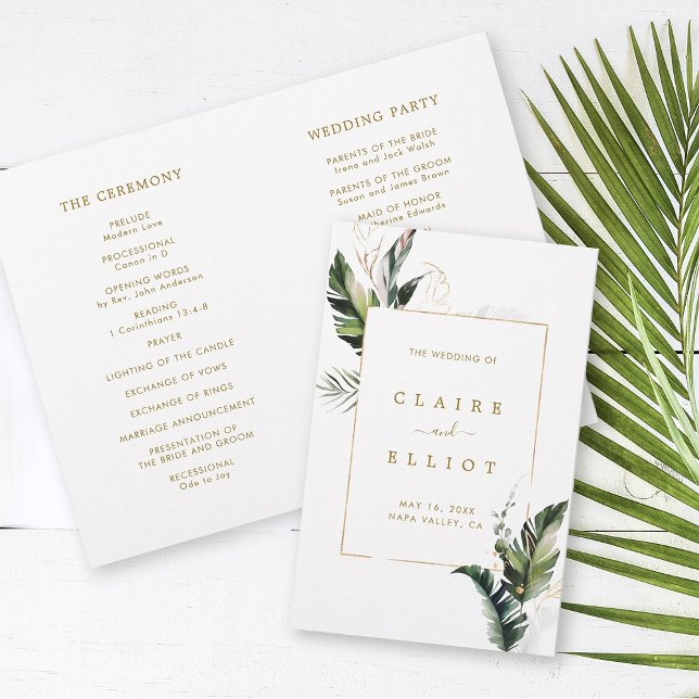 Tropical Foliage Gold Wedding Ceremony Program (Front & Inside)