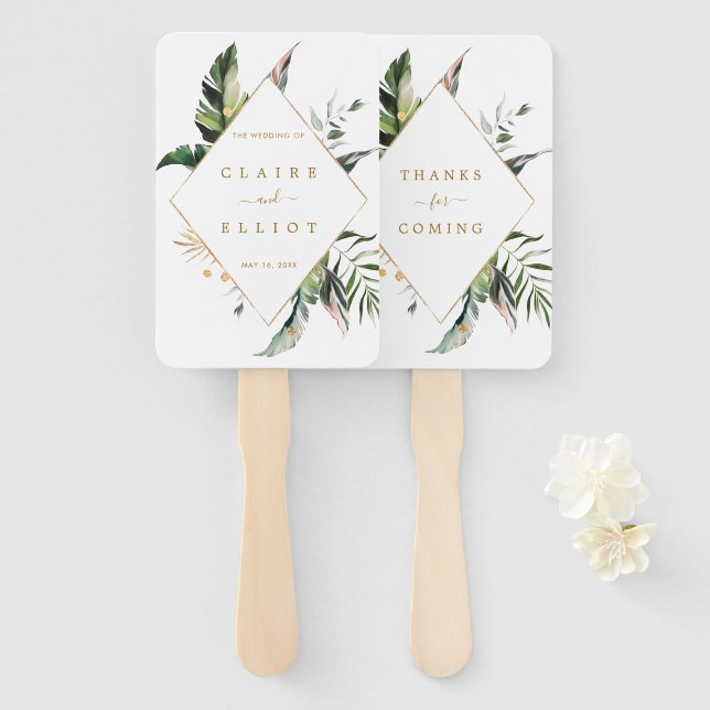 Tropical Foliage Gold Wedding  Hand Fan (Front and Back)
