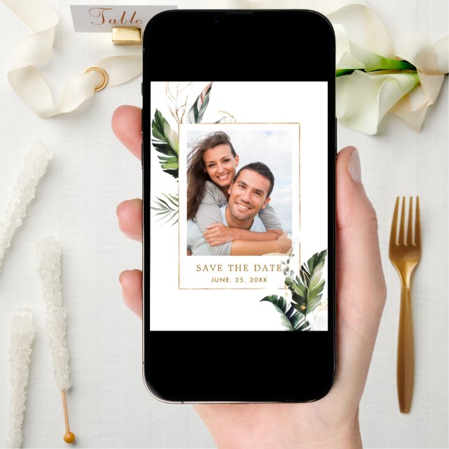 Tropical Foliage Gold Wedding Photo Save the Date (Front Digital)