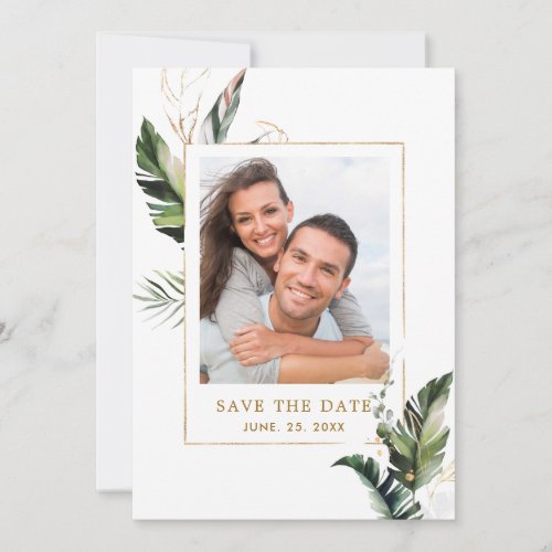 Tropical Foliage Gold Wedding Photo Save the Date