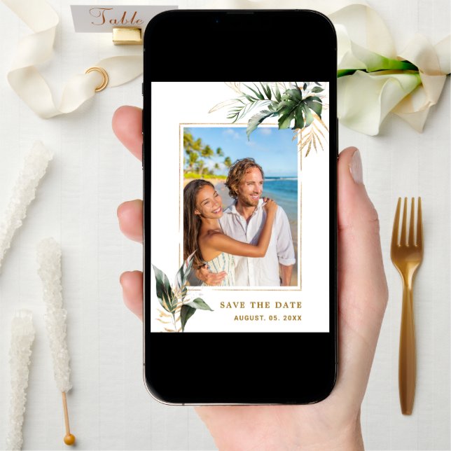 Tropical Foliage Gold Wedding Photo Save The Date (Front Digital)