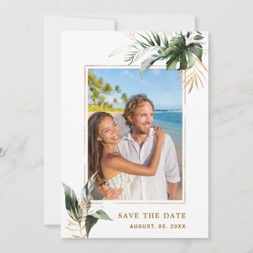 Tropical Foliage Gold Wedding Photo Save The Date