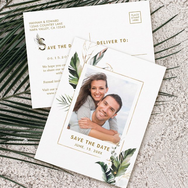 Tropical Foliage Gold Wedding Photo Save the Date Announcement Postcard (Front & Back)