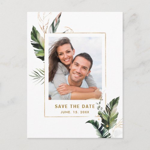 Tropical Foliage Gold Wedding Photo Save the Date Announcement Postcard