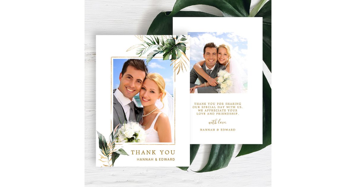 Tropical Foliage Gold Wedding Photo Thank You Card | Zazzle