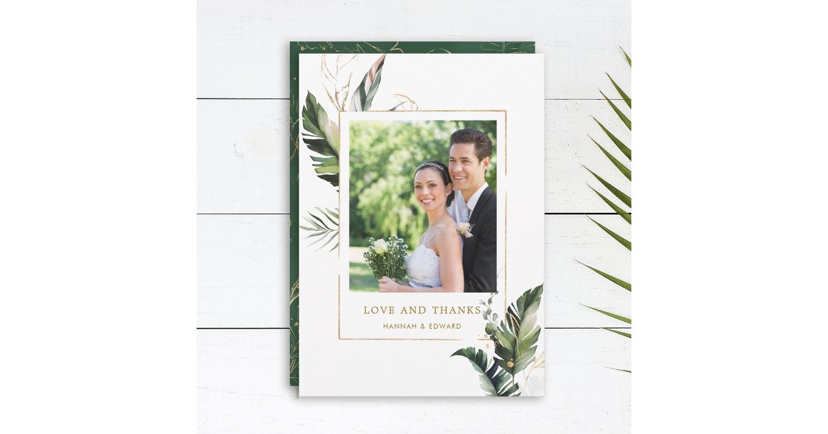 Tropical Foliage Gold Wedding Photo Thank You Card | Zazzle