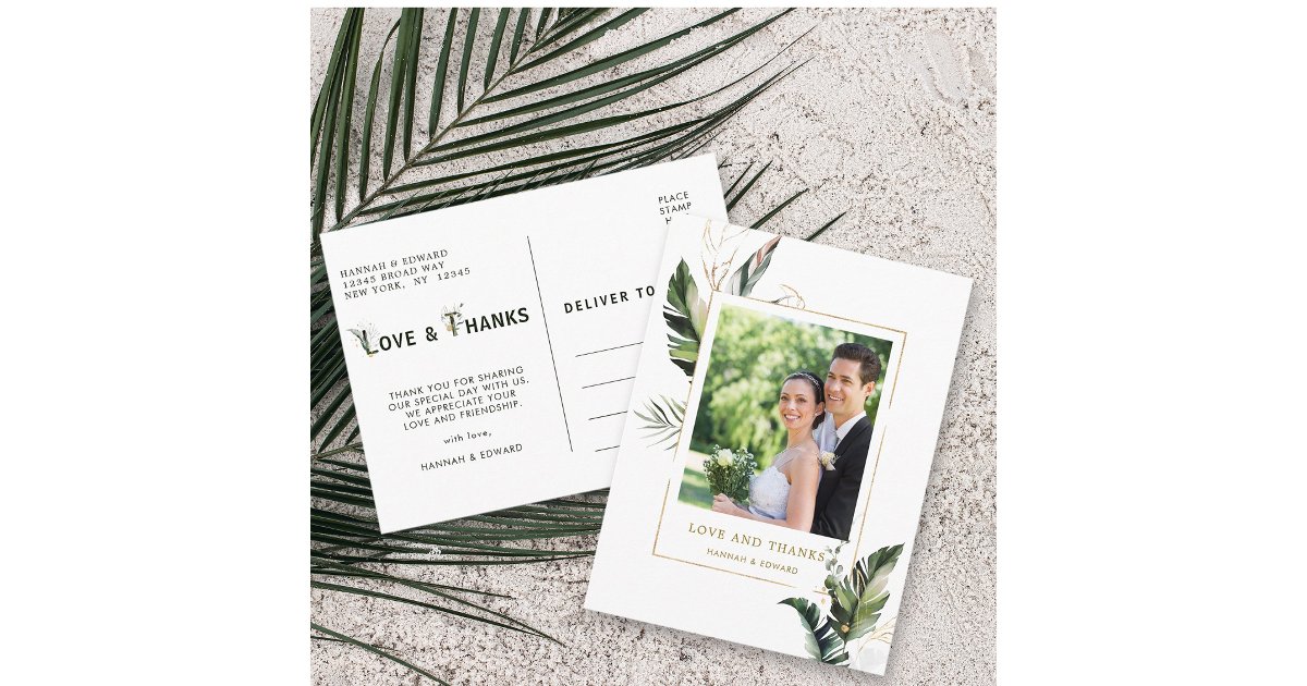Tropical Foliage Gold Wedding Photo Thank You Postcard | Zazzle