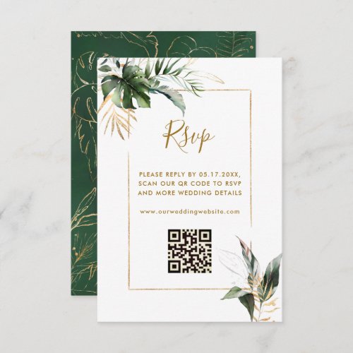 Tropical Foliage Gold Wedding RSVP with QR Code Enclosure Card