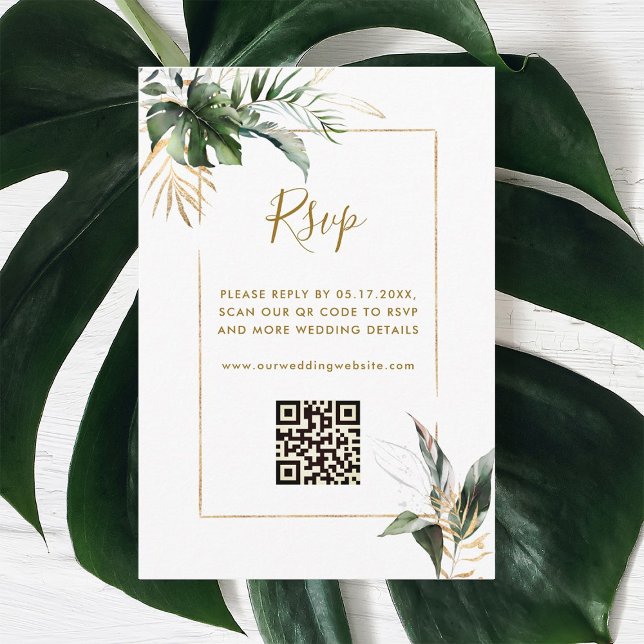 Tropical Foliage Gold Wedding RSVP with QR Code Enclosure Card (Creator Uploaded)
