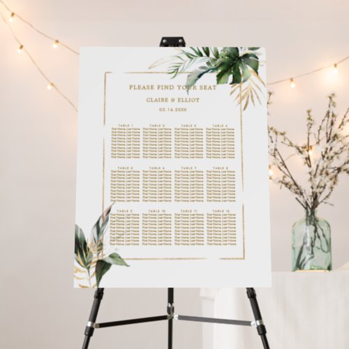 Tropical Foliage Gold Wedding Seating Chart Foam Board