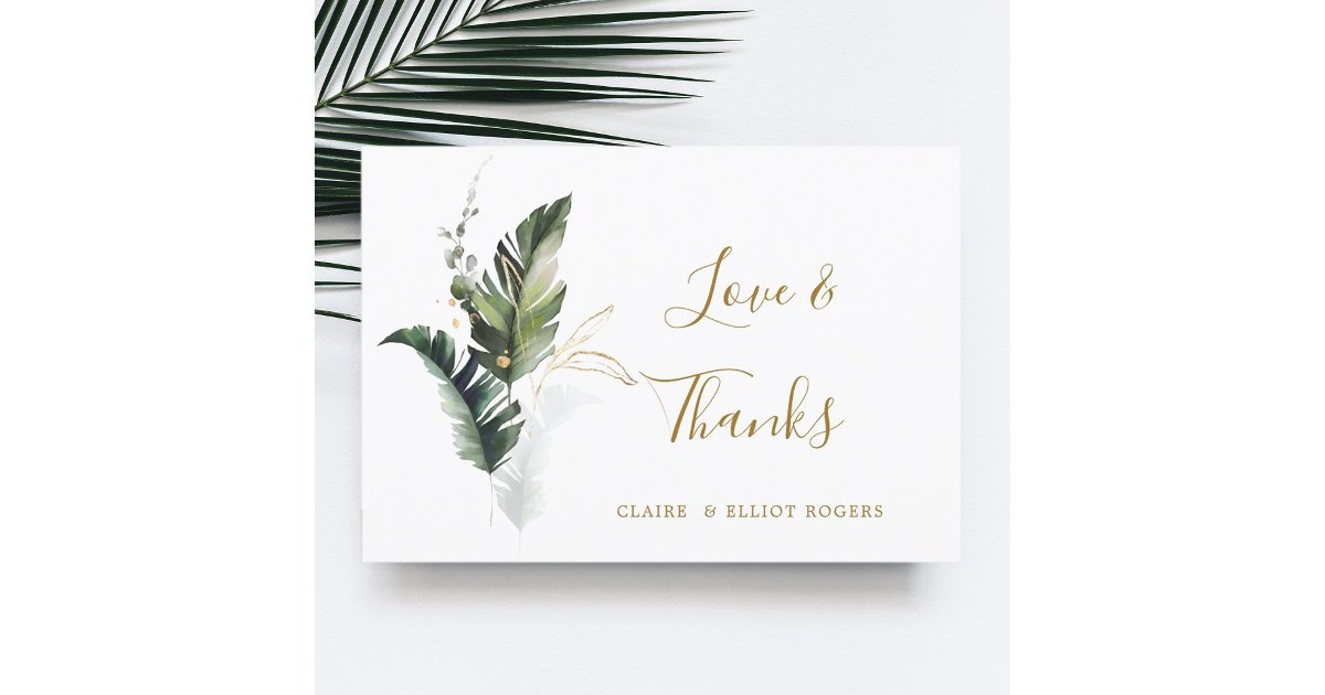 Tropical Foliage Gold Wedding Thank You Card | Zazzle