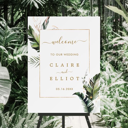 Tropical Foliage Gold Wedding Welcome Sign