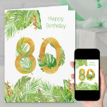Tropical Foliage Green and Gold Big 80th Birthday Card<br><div class="desc">Big 80th birthday card. The design features a large number 80 in textured gold, entwined with tropical leaves. On the outside, there is also a border of palm leaves, banana leaves, monstera leaves and colorful tropical flowers with the wording "happy birthday". The inside of the card is also decorated with...</div>