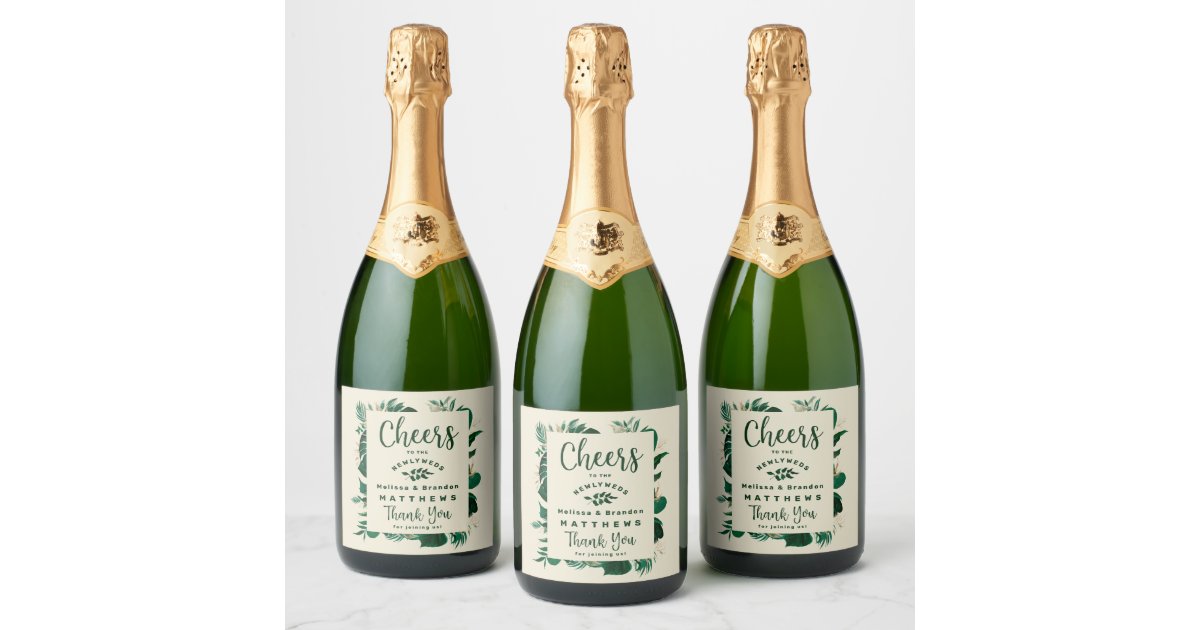 Tropical Foliage Green Gold Leaf Wedding Cheers Champagne Label Zazzle Com