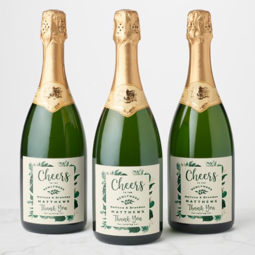 Tropical Foliage Green  Gold Leaf Wedding Cheers Sparkling Wine Label