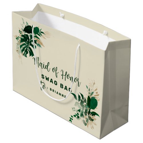 Tropical Foliage Green  Gold Maid of Honor Swag Large Gift Bag