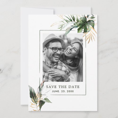 Tropical Foliage Green  Gold Photo Wedding Save The Date