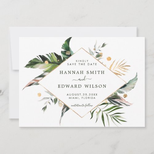 Tropical Foliage Green Gold Wedding Photo Save The Date