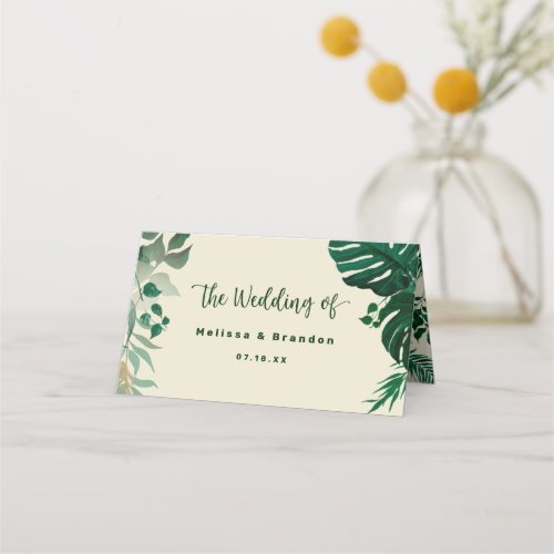 Tropical Foliage Green Leaves Wedding Table Number Place Card