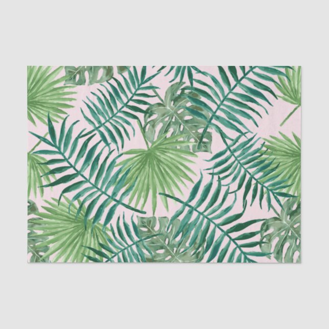 Tropical Foliage Green on Pink Watercolor Tissue Paper (Front)