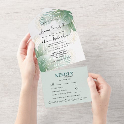 Tropical Foliage Green Watercolor Wedding  All In One Invitation