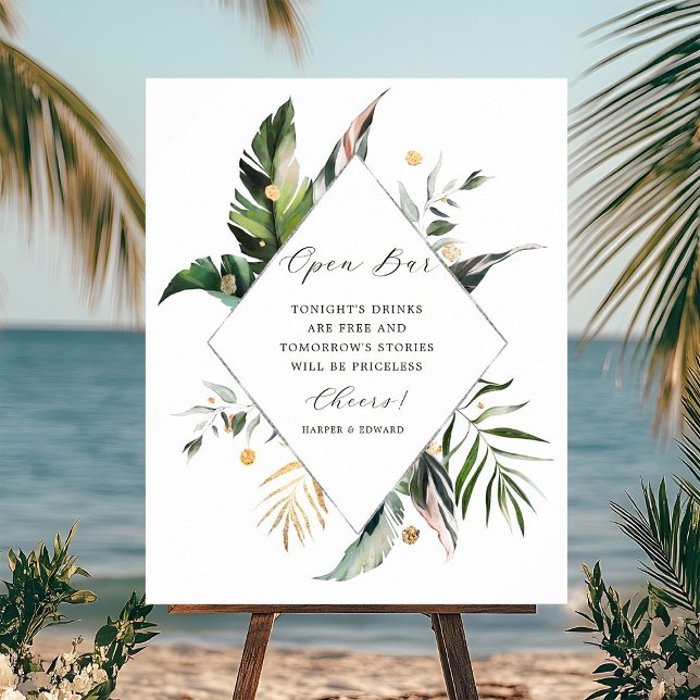 Tropical Foliage Green Wedding Open Bar Sign (Creator Uploaded)