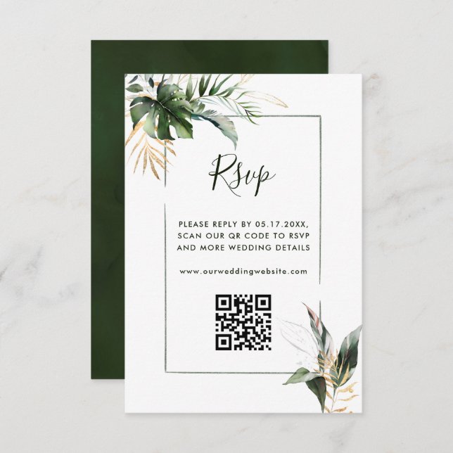 Tropical Foliage Green Wedding RSVP with QR Code  Enclosure Card (Front/Back)