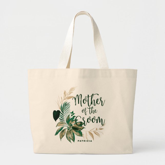 Tropical Foliage Green Wreath Mother of the Groom Large Tote Bag (Front)