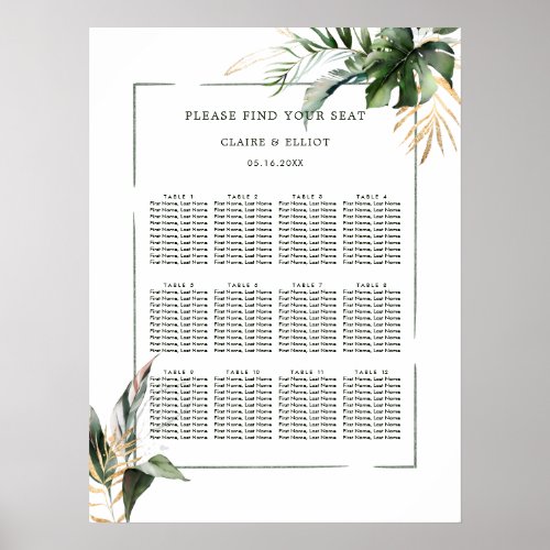 Tropical Foliage Greenery Wedding Seating Chart 