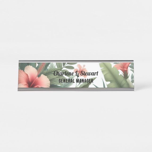 Tropical Foliage Hibiscus Desk Name Plate (Front)
