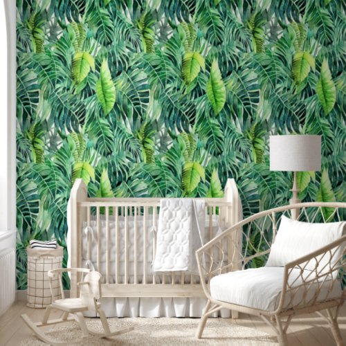 Tropical foliage jungle leaf green pattern spa wallpaper 