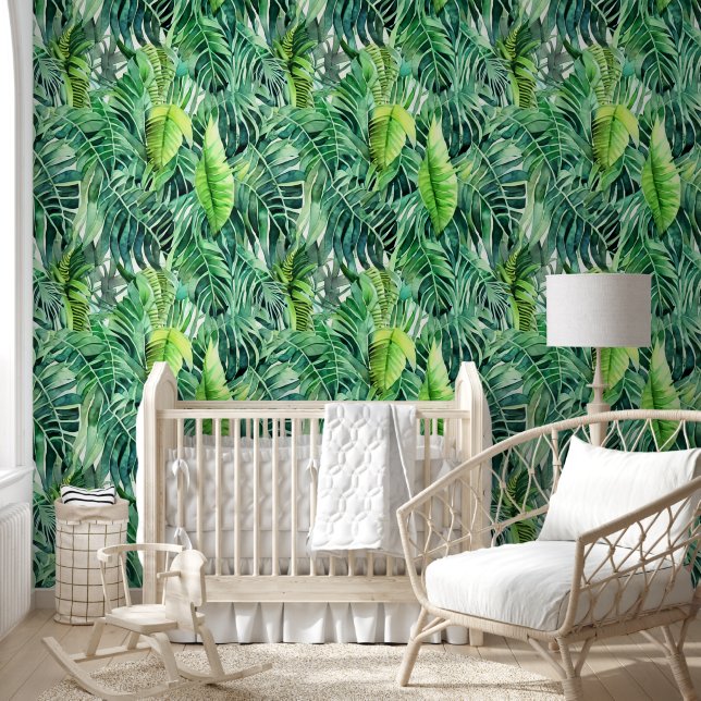 Tropical foliage jungle leaf green pattern spa wallpaper  (Kids)