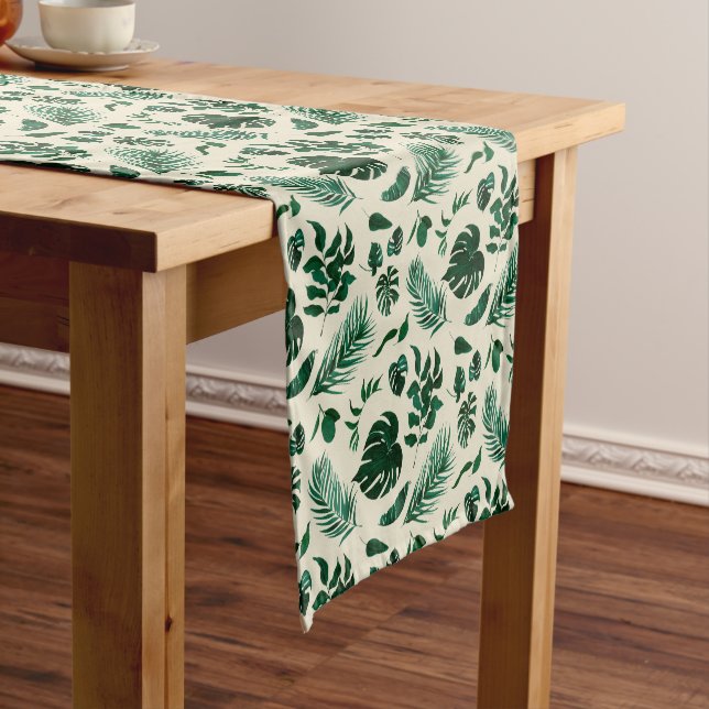 Tropical Foliage Modern Greenery & Leaves Pattern Short Table Runner (In Situ)