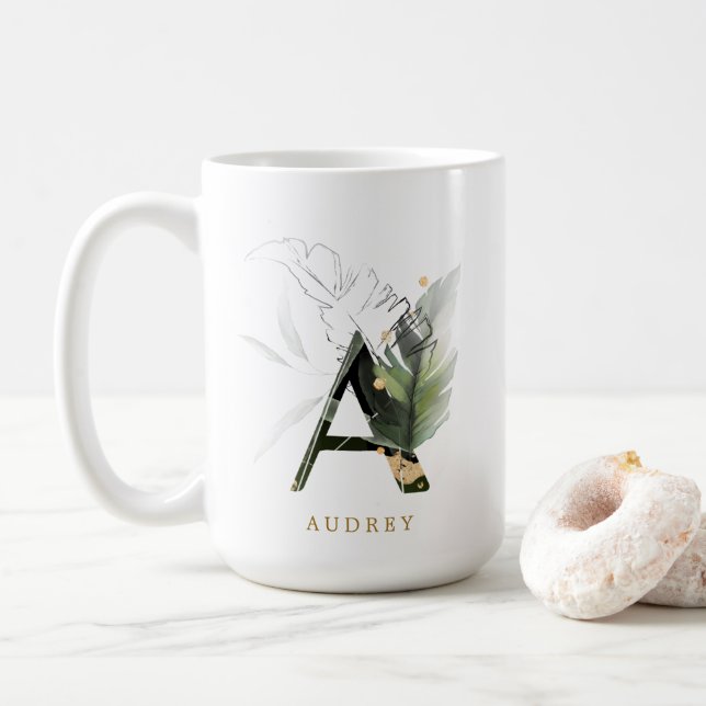 Tropical Foliage Monogram Letter "A" Personalized Coffee Mug (With Donut)