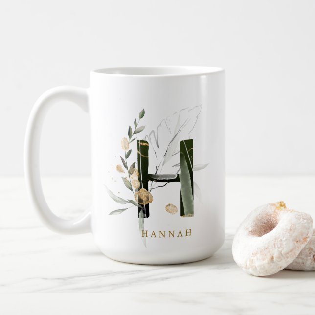 Tropical Foliage Monogram Letter "H" Personalized Coffee Mug (With Donut)