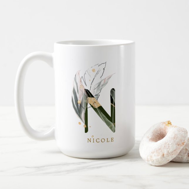 Tropical Foliage Monogram Letter "N" Personalized Coffee Mug (With Donut)