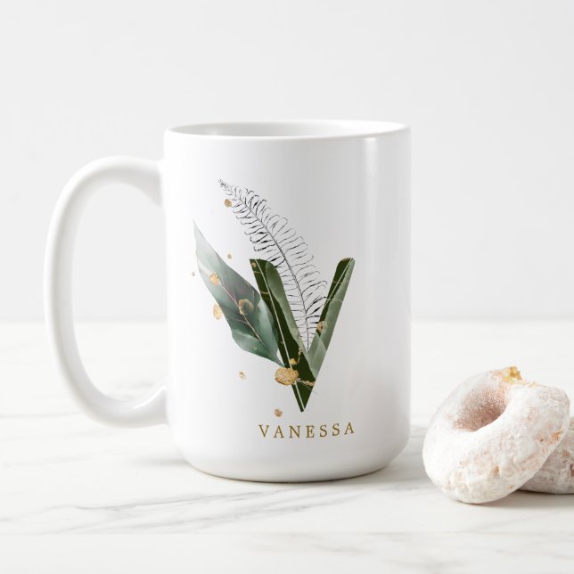 Tropical Foliage Monogram Letter "V" Personalized Coffee Mug (With Donut)