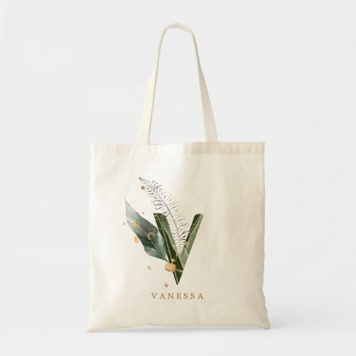 Tropical Foliage Monogram Letter V Personalized Tote Bag