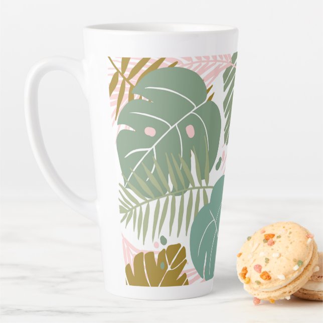 Tropical Foliage - Monstera And Palm Leaf Pattern Latte Mug (In Situ)