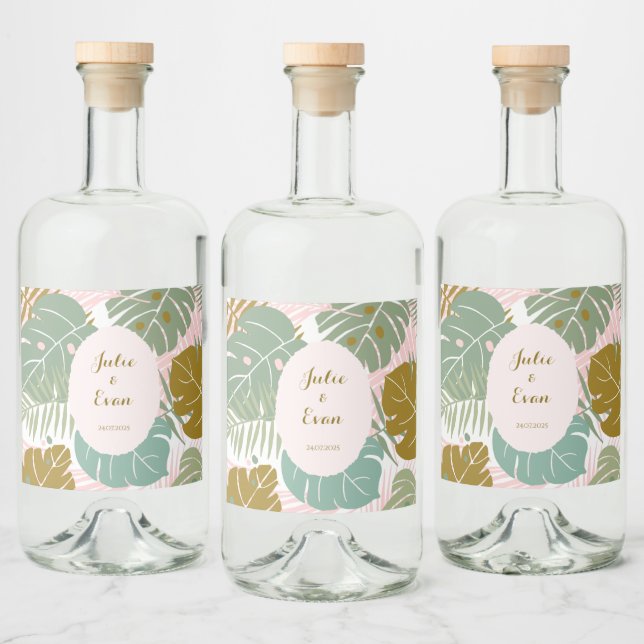 Tropical Foliage - Monstera And Palm Leaf Pattern Liquor Bottle Label (Bottles)